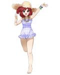  :d arm_up barefoot bracelet brown_hat casual_one-piece_swimsuit collarbone eyebrows_visible_through_hair food full_body hat holding holding_food ice_cream jewelry leg_up log_horizon long_hair looking_at_viewer necklace official_art one-piece_swimsuit open_mouth red_eyes red_hair serara smile solo standing standing_on_one_leg straw_hat sun_hat swimsuit transparent_background 