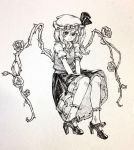  bangs between_legs bow closed_mouth flandre_scarlet flower full_body greyscale hair_between_eyes hand_between_legs hat high_heels highres long_hair looking_at_viewer mashimashi mob_cap monochrome rose short_sleeves side_ponytail sitting skirt smile solo thorns touhou traditional_media 