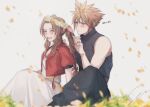  1boy 1girl aerith_gainsborough baggy_pants bare_shoulders blonde_hair blue_eyes blush braid braided_ponytail brown_hair closed_eyes cloud_strife couple cropped_jacket dress falling_petals feet_out_of_frame final_fantasy final_fantasy_vii final_fantasy_vii_rebirth final_fantasy_vii_remake flower grey_pants grey_shirt hair_between_eyes hair_ribbon hand_in_another&#039;s_hair head_wreath hetero highres jacket long_dress long_hair open_mouth pants parted_bangs petals pink_dress pink_ribbon red_jacket ribbon shirt short_hair short_sleeves sidelocks signature single_braid sitting sleeveless sleeveless_turtleneck smile spiked_hair turtleneck yellow_flower yellow_petals yuu_crazy_doll_sae 