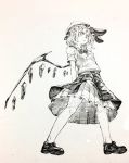  arm_behind_back bangs bow bowtie flandre_scarlet full_body greyscale hat highres layered_skirt looking_at_viewer mashimashi mob_cap monochrome parted_lips pleated_skirt pointy_ears shoes short_sleeves side_ponytail skirt solo standing touhou traditional_media 
