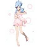  barefoot blue_eyes blue_hair blush bubble collarbone full_body log_horizon long_hair looking_at_viewer naked_towel official_art pink_towel reinesia_el_arte_cowen solo towel transparent_background 