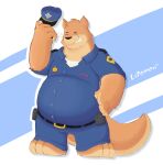  2024 anthro belly big_belly black_nose bottomwear brok_the_investigator brown_body clothing cowcat_games eyes_closed hi_res kangaroo lifomon macropod male mammal marsupial overweight overweight_male pants police police_hat police_uniform shirt simple_background sin_silver solo topwear uniform 