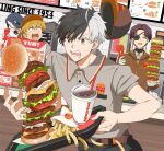  4boys alternate_costume belt blonde_hair blue_hair brown_belt brown_hair burger burger_king character_request dutch_angle eyepatch fast_food food french_fries grey_shirt hat hayato_suou highres indoors masako_(sabotage-mode) menu_board multicolored_hair multiple_boys nirei_akihiko open_mouth sakura_haruka_(wind_breaker) shirt short_hair smile soda split-color_hair wind_breaker_(nii_satoru) 