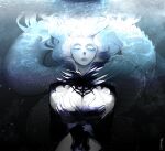 2021 black_clothing breasts chinese_text clothing eyebrows eyelashes eyes_closed female glitter hair hi_res humanoid_pointy_ears kazekyou long_hair mouth_closed pale_skin primal_(final_fantasy_xiv) scales shiva_(final_fantasy_xiv) signature solo teal_hair text underwater water wavy_hair white_eyebrows white_eyelashes