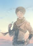  :d akagami_no_shirayukihime artist_name belt blue_sky brown_hair capelet grey_eyes jewelry looking_at_viewer male_focus necklace obi_(akagami_no_shirayukihime) open_mouth outdoors sky smile solo standing sua_lucid sunset sword upper_body weapon 
