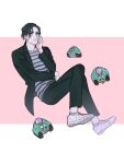  1boy alternate_costume black_eyes black_hair border crossed_legs hand_on_own_face jacket jojo_no_kimyou_na_bouken jojolion kira_yoshikage_(jojolion) male_focus no_headwear open_clothes open_jacket parted_lips pink_background reammara sheer_heart_attack shoes sneakers solo stand_(jojo) striped_clothes 