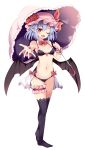  bare_shoulders bat_wings bikini black_bikini black_legwear black_wings blue_hair bow breasts cleavage commentary_request detached_collar fang flower full_body groin hat hat_flower hat_ribbon highres holding holding_umbrella leg_garter looking_at_viewer maturiuta_sorato mob_cap navel no_shoes outstretched_arm pink_hat pointy_ears red_bow red_eyes red_flower remilia_scarlet ribbon simple_background small_breasts solo standing stomach swimsuit thigh_gap thighhighs touhou umbrella white_background wings wrist_cuffs 