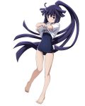  akatsuki_(log_horizon) barefoot blue_swimsuit blush character_name covered_navel embarrassed eyebrows_visible_through_hair floating_hair full_body high_ponytail log_horizon long_hair looking_at_viewer official_art one-piece_swimsuit purple_eyes purple_hair school_swimsuit shirt_lift short_sleeves solo swimsuit transparent_background very_long_hair 