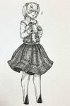  bangs blush bow bowtie clenched_hands cyborg full_body greyscale highres long_sleeves mashimashi monochrome open_mouth original pleated_skirt short_hair skirt solo sparkle standing traditional_media 