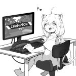  1girl ^_^ absurdres ahoge animal_ears apex_legends barefoot blush chair closed_eyes commentary_request english_text fang greyscale hair_between_eyes highres hololive keyboard_(computer) lion_ears low_twintails mato_(target5260) monitor monochrome mouse_(computer) open_mouth playing_games shirt shishiro_botan shishiro_botan_(casual) simple_background sitting smile solo tail twintails 