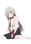  1girl absurdres barefoot black_dress breasts clothes_pull collarbone commentary_request dress dress_pull full_body grey_hair highres long_hair looking_at_viewer morisobo nipples parted_lips purple_eyes simple_background sitting small_breasts solo sophie_twilight tonari_no_kyuuketsuki-san white_background 