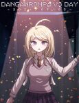  1girl ahoge akamatsu_kaede blonde_hair breasts collared_shirt danganronpa_(series) danganronpa_v3:_killing_harmony hair_ornament large_breasts long_hair long_sleeves looking_at_viewer mikao_(eanv5385) musical_note musical_note_hair_ornament necktie open_mouth pink_sweater_vest pleated_skirt shirt skirt sweater_vest white_shirt 