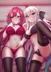  2girls baobhan_sith_(fate) black_bow blue_eyes blush bow bra braid breasts cleavage elfenlied22 fate/grand_order fate_(series) french_braid grey_eyes grey_hair grin hair_bow large_breasts long_hair looking_at_viewer looking_to_the_side morgan_le_fay_(fate) mother_and_daughter multiple_girls navel panties pink_hair pointy_ears ponytail pussy_juice pussy_juice_drip_through_clothes sidelocks smile spread_legs thighs underwear very_long_hair 