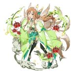  :d animal_ears asuna_(sao) black_legwear boots breasts brown_eyes brown_hair choker cleavage detached_sleeves floating_hair flower fox_ears fox_tail full_body fur_trim green_footwear high_heel_boots high_heels japanese_clothes leaning_forward long_hair looking_at_viewer medium_breasts multiple_tails official_art open_mouth red_flower simple_background smile solo standing sword_art_online sword_art_online:_code_register tail thighhighs very_long_hair white_background 