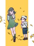  2boys aged_down autumn_leaves bag black_hair child crossdressing dress ginkgo_leaf glaring green_hair hand_on_own_face hat higashikata_jobin hood hoodie jojo_no_kimyou_na_bouken jojolion kira_yoshikage_(jojolion) leaf multiple_boys otoko_no_ko reammara sailor_hat socks striped_clothes striped_socks stuffed_animal stuffed_toy sweatdrop yellow_background 