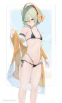  1girl absurdres ahoge bikini black_bikini blush breasts chunithm closed_mouth coat grey_hair headphones highres kisaragi_yaya navel off_shoulder ribs short_hair side-tie_bikini_bottom sky_feather small_breasts solo swimsuit thighs 