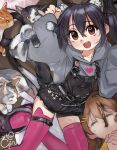  2girls animal_ears belt black_hair black_overalls brown_eyes brown_hair cat cat_ears chain closed_eyes crocs food food_in_mouth girutea grey_hoodie highres hirasawa_yui hood hoodie k-on! kemonomimi_mode long_hair lying multiple_girls nakano_azusa on_back open_mouth overall_shorts overalls paw_pose pocky pocky_in_mouth ring_light_reflection thighhighs twintails 