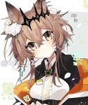  1girl animal_ears arknights black_jacket brooch brown_hair cat_ears collared_shirt crossed_bangs flower flying_sweatdrops grey_eyes hair_between_eyes hair_flower hair_ornament head_tilt itsuki_02 jacket jewelry looking_at_viewer orange_jacket quilted_jacket red_pupils shirt short_hair_with_long_locks sidelocks solo twitter_username two-sided_fabric two-sided_jacket upper_body vendela_(arknights) white_flower white_shirt 