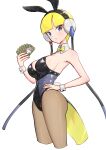  1girl absurdres black_hairband black_leotard blonde_hair blue_eyes bow bowtie breasts card cropped_legs elesa_(pokemon) gonzarez hairband hand_on_own_hip headphones highres holding holding_card large_breasts leotard pantyhose playboy_bunny pokemon pokemon_bw pokemon_card rabbit_tail simple_background solo tail white_background wrist_cuffs yellow_bow yellow_bowtie 