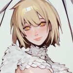  1girl blonde_hair body_fur breasts chimera dungeon_meshi falin_touden falin_touden_(chimera) feathered_wings feathers hair_around_ear lavelis looking_at_viewer monster_girl short_hair simple_background smile solo white_feathers wings yellow_eyes 