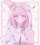  1girl bow breasts brown_hair collared_shirt cosplay danganronpa_(series) danganronpa_2:_goodbye_despair dress_shirt ear_bow flipped_hair hair_ornament highres hood jacket long_sleeves looking_at_viewer medium_hair monomi_(danganronpa) monomi_(danganronpa)_(cosplay) nanami_chiaki neck_ribbon open_clothes open_jacket pink_eyes pink_ribbon pote_(pote_39) ribbon shirt solo spaceship_hair_ornament upper_body v white_shirt 