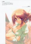  absurdres amazuyu_tatsuki arm_support arms_under_breasts bangs barefoot blush breast_hold breasts brown_hair buttons cleavage closed_mouth eyebrows_visible_through_hair folded_ponytail full_body hair_between_eyes hair_up highres komaki_manaka long_sleeves looking_at_viewer medium_breasts naked_shirt official_art purple_eyes scan shirt sidelocks sitting solo to_heart_2 