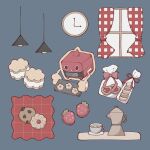 analog_clock bag blue_background bow chocolate_chip_cookie clock coffee coffee_mug coffee_pot cookie cup curtains food fruit gingham grin heart-shaped_cookie highres holding holding_tray mug no_humans pink_bow pokemon pokemon_(creature) red_ribbon ribbon rotom rotom_(heat) sandwich_cookie saucer simple_background smile solo strawberry sumi_fms thumbprint_cookie tray wall_clock window 