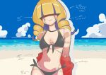  1girl arrow_(symbol) beach bikini black_bikini blonde_hair blunt_bangs blush breasts chaperomon cloud daniel_uribe digimon digimon_(creature) doll doll_joints drill_hair english_commentary hair_over_eyes highres jacket joints medium_hair navel ocean off_shoulder red_jacket side-tie_bikini_bottom small_breasts smile solo stitched_face stitches swimsuit translation_request twin_drills 