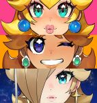  3girls aqua_eyes blonde_hair blue_eyes brown_hair close-up commentary dancho_no_mori earrings english_commentary gem green_gemstone hair_over_one_eye highres jewelry lipstick looking_at_viewer makeup mario_(series) multiple_girls one_eye_closed orange_background parted_lips pink_background princess_daisy princess_peach rosalina sky star_(sky) star_(symbol) star_earrings starry_sky super_mario_galaxy 