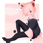  1boy animal_ears artist_name black_thighhighs border closed_mouth fox fox_boy fox_ears fox_tail furry furry_male hair_ornament hair_over_one_eye long_sleeves looking_at_viewer loose_clothes loose_shirt medium_hair official_art outside_border pink_background pink_hair pointy_ears purilumpia red_hair reference_sheet shirt short_hair shorts signature simple_background smile solo sweater tail thighhighs watermark white_border 