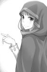  ayakura_juu cape eyebrows_visible_through_hair from_behind greyscale holo hood hooded index_finger_raised looking_at_viewer looking_back monochrome novel_illustration official_art smile solo spice_and_wolf white_background 
