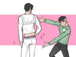  2boys ass ass_focus birthmark black_hair border dimples_of_venus joestar_birthmark jojo_no_kimyou_na_bouken jojolion kira_yoshikage_(jojolion) kujo_josefumi looking_at_viewer male_focus multiple_boys outstretched_arms pink_background presenting_another reammara sailor sparkle 