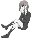  1other alternate_costume black_footwear black_necktie black_shorts black_socks black_suit bob_cut brown_hair chara_(undertale) child closed_mouth collared_shirt crossed_legs full_body hand_on_own_face highres invisible_chair kneehighs leftporygon legwear_garter light_frown long_sleeves looking_ahead muted_color necktie red_eyes shirt short_hair shorts sitting socks solo suit undertale white_background white_shirt 