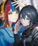  2girls black_bodysuit black_choker black_hair black_jacket black_shirt blue_hair blue_jacket bodysuit braid breasts choker earrings eyeshadow hair_between_eyes hand_in_own_hair hand_on_own_face harusaruhi headphones highres hoop_earrings jacket jewelry kamitsubaki_studio koko_(kamitsubaki_studio) long_hair looking_at_viewer makeup marumoru medium_breasts multicolored_eyebrows multicolored_hair multiple_girls open_clothes open_jacket purple_hair red_hair ring shirt sidelocks single_braid small_breasts upper_body virtual_youtuber yellow_choker yellow_eyes yellow_eyeshadow yellow_headphones yellow_lips 