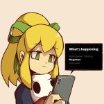  1girl blonde_hair cellphone closed_mouth commentary empty_eyes english_commentary english_text green_eyes green_ribbon hair_ribbon holding holding_phone long_hair long_sleeves looking_down mega_man_(classic) mega_man_(series) phone ponytail ribbon roll_(mega_man) smartphone solo souldroids twitter upper_body 