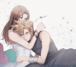  1boy 1girl aerith_gainsborough arm_around_neck bandaged_arm bandages bangle bare_shoulders blonde_hair blue_eyes blush bracelet brown_hair cloud_strife couple cuddling dress earrings final_fantasy final_fantasy_vii final_fantasy_vii_rebirth final_fantasy_vii_remake green_eyes grey_pants grey_shirt hair_between_eyes hand_on_another&#039;s_waist hetero highres jewelry long_hair pants parted_bangs shirt short_hair signature single_earring sleeveless sleeveless_dress sleeveless_turtleneck spiked_hair turtleneck white_background white_dress yuu_crazy_doll_sae 