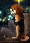  2018 anthro brown_hair brown_nose canine clothed clothing crying danika_(wolflady) dog ear_piercing female hair mammal off_shoulder pants piercing raining shirt solo tank_top tears wolflady 