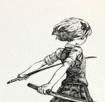  arms_behind_back cowboy_shot dual_wielding from_side greyscale highres holding holding_sword holding_weapon konpaku_youmu mashimashi monochrome pleated_skirt short_hair short_sleeves skirt solo sword touhou traditional_media weapon 