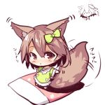  animal_ears barefoot brown_hair chibi clenched_hand dress fox_ears fox_girl fox_tail futon green_dress hair_brush hair_brushing long_sleeves original outstretched_arms red_eyes standing tail tail_wagging translation_request white_background wide_sleeves yuuji_(yukimimi) |_| 
