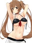  adapted_costume armpits arms_behind_back bad_id bad_pixiv_id bikini black_bikini blush breasts brown_eyes choker cleavage collarbone highres kantai_collection large_breasts light_brown_hair long_hair looking_at_viewer miyako_(miyako_lplover) murasame_(kantai_collection) navel sarong simple_background solo sweatdrop swimsuit twintails upper_body very_long_hair white_background white_sarong 