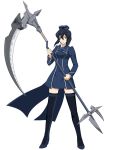  black_eyes black_footwear black_hair blue_dress boots breasts dress full_body hair_between_eyes hat holding holding_weapon log_horizon looking_at_viewer medium_breasts official_art round_table_concil_uniform scythe short_dress short_hair_with_long_locks sidelocks solo standing takayama_misa thigh_boots thighhighs transparent_background uniform weapon zettai_ryouiki 
