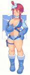  1girl alternate_breast_size blue_footwear blue_gloves blue_jacket blue_shorts blue_sky boots breasts breath cleavage closed_eyes cloud crop_top cropped_jacket exhausted eyelashes flower full_body gloves hair_flower hair_ornament hand_on_own_hip highres huge_breasts inkerton-kun jacket midriff navel parted_lips pokemon pokemon_bw pouch puff_of_air red_hair short_hair_with_long_locks short_shorts shorts sidelocks sigh simple_background sky skyla_(pokemon) solo stomach sweat thigh_pouch thigh_strap thighs turtleneck undressing unzipping 