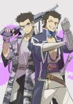  2boys bad_id bad_pixiv_id belt brown_hair camouflage camouflage_coat coat ear_piercing fingerless_gloves gauntlets glasses gloves grey_eyes gun hand_on_own_arm highres holding holding_gun holding_weapon kusakarimishio looking_at_viewer male_focus multiple_boys piercing purple_eyes scarf sheath sheathed shin_megami_tensei shin_megami_tensei_i short_hair sketch takeshi_(megami_tensei) walter_(megami_tensei) weapon 