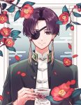  1boy ab_susuby branch brown_hair chinese_clothes cup earrings eyepatch flower hayato_suou highres holding holding_cup jacket jewelry leaf popped_collar school_uniform short_hair smile teacup undershirt upper_body wind_breaker_(nii_satoru) 