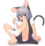  1girl animal_ears barefoot blush closed_mouth commentary_request dress eyes_visible_through_hair feet full_body greenpiecerice grey_dress grey_hair hair_between_eyes highres holding_sock looking_at_viewer medium_bangs mouse_ears mouse_girl mouse_tail nazrin panties pinafore_dress red_eyes shirt short_hair simple_background single_sock_removed sitting sleeveless sleeveless_dress socks solo tail toes touhou underwear v-shaped_eyebrows white_background white_panties white_shirt 