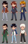  6+boys akagi:_yami_ni_oritatta_tensai akagi_shigeru black_hair black_jacket black_necktie black_pants black_scarf blazer blue-tinted_eyewear blue_footwear blue_jacket blue_pants bomber_jacket brown_hair brown_jacket closed_mouth collared_shirt fukumoto_mahjong full_body gin_to_kin green_jacket green_pants green_shirt grey_background highres hyoudou_kazuya ichijou_seiya itou_kaiji jacket kaiji letterman_jacket long_hair long_sleeves looking_at_viewer low_ponytail medium_bangs medium_hair morita_tetsuo multiple_boys necktie open_clothes open_jacket pants red_eyes red_shirt scar scar_on_cheek scar_on_face scarf shirt shoes short_hair simple_background smile sneakers solo_focus standing striped_clothes striped_jacket striped_pants striped_shirt suit sunglasses tinted_eyewear tobaku_haouden_zero ukai_zero vertical-striped_clothes vertical-striped_jacket vertical-striped_pants white_hair white_necktie white_shirt yellow_shirt yologyeolseogchung-gyeogpaswaeseogsul 