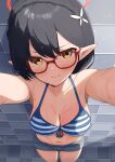  1girl absurdres aoto_mei armpits ayane_(blue_archive) ayane_(swimsuit)_(blue_archive) bikini black_hair blue_archive braid breasts brown_eyes cleavage collarbone commentary_request crown_braid denim denim_shorts from_above glasses hair_between_eyes halo highres indoors looking_at_viewer looking_up medium_breasts navel official_alternate_costume pointy_ears pout pov short_hair short_shorts shorts sidelocks single_braid solo stomach striped_bikini striped_clothes swimsuit tearing_up tile_floor tile_wall tiles wet_bikini 