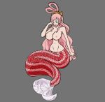 areola big_breasts blue_eyes blush blush_stickers breasts clothed clothing eyelashes female fish_tail grey_background hair humanoid long_hair marine merfolk navel nipples one_piece open_mouth pink_areola pink_body pink_hair pink_nipples pink_scales piscirabble red_body red_scales scales shirahoshi simple_background small_waist solo split_form striped_body stripes tan_body tan_skin topless wide_hips