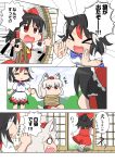  &gt;:&lt; &gt;_&lt; 3girls :&lt; :d =_= angry animal_ears annoyed ascot black_hair bound bow bowtie chibi closed_mouth comic commentary_request detached_sleeves dress emphasis_lines eyebrows_visible_through_hair fang grey_hair hair_bow hair_tubes hakurei_reimu hand_on_another's_head hat highres holding holding_rope horns inubashiri_momiji kijin_seija medium_hair motion_lines multicolored_hair multiple_girls o_o open_mouth petting red_bow red_eyes red_hair ribbon-trimmed_sleeves ribbon_trim rope shirt short_hair short_sleeves shouting sitting skirt skirt_set smile standing streaked_hair symbol-shaped_pupils tail tied_up tokin_hat touhou translation_request unachika v-shaped_eyebrows walking wide_sleeves wolf_ears wolf_tail xd yellow_neckwear yen_sign 