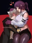  1boy 1girl absurdres breast_smother breasts bulge caelus_(honkai:_star_rail) closed_eyes erection erection_under_clothes face_to_breasts gloves grey_hair hair_between_eyes hetero highres honkai:_star_rail honkai_(series) hug jacket kafka_(honkai:_star_rail) long_hair purple_hair shirt short_hair smile smother thick_thighs thighs trailblazer_(honkai:_star_rail) white_shirt wide_hips yuushiba 